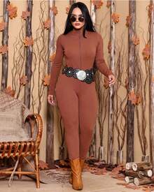 Women's Long Sleeve Ruffle Jumpsuit Virginia Moda Gringa Blogger With Front Zipper [Belt Not Included] - Camel - View 2