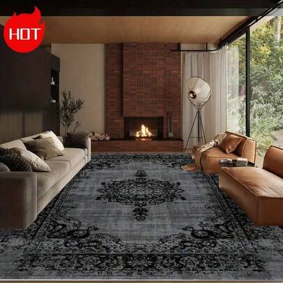 Washable Rugs For Home Living Room, Multiple Sizes Available, Crystal Velvet Indoor Outdoor Area Rug, Non-Shedding Waterproof Stain Resistant Easy Clean, Vintage Boho Persian Medallion Border Black Gray Carpet For Patio Deck Porch Bedroom Kitchen Bathroom RV Hallway Garden, Home Decor Rug For Bathroom Accessories