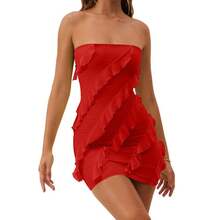 HOCILLE Women's Sexy Strapless Tube Top Bodycon Sleeveless Ruffle Mini Party Dress Backless Comfort Mesh Fabric 2024 Fashion Elegant Dress Summer Solid Color Formal Dresses For Women Short Party Dress - 紅色 - 查看 2