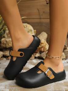 Women's Adjustable Comfortable Non-Slip Soft Bottom Contrast Color Beach/Bathroom/Street/Travel/Daily Wear Clogs Sandals/Slippers/Slippers, Flat Heel - Black - View 5