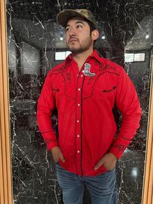 Camisa charra vaquera de rodeo bordada artesanal mexicana para hombre color rojo bordado negro - Rojo - Ver 3