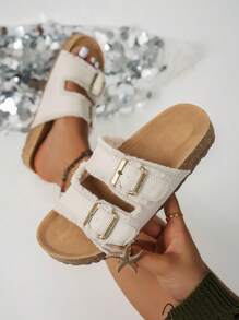 Sandalias de playa cómodas y planas, de suela gruesa, con hebilla metálica casual, de moda y versátiles, con punta abierta y suela antideslizante, nuevas para el verano