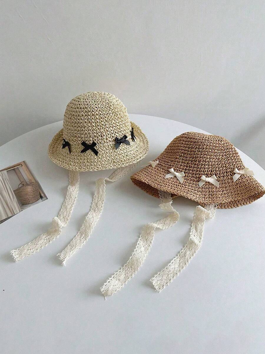 1 Pc Of Baby Girl Spring And Summer Sun Ion Tied Rope Hand Woven Straw Hat, Suitable For Daily Wear - Khaki - View 1