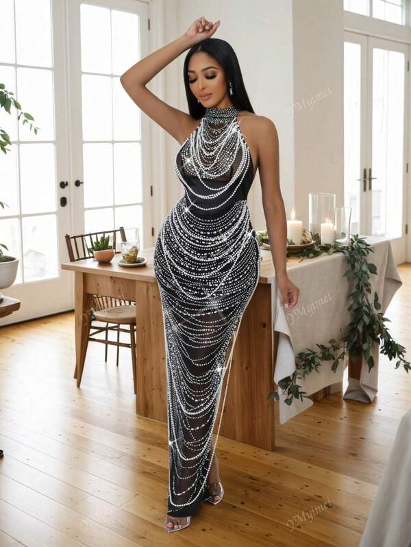 Rhinestone Decor Sleeveless Sheer Mesh Backless Halter Neck Sexy Party Dress,Prom Dress