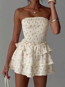 Women's Ditsy Floral Bandeau Mini Dress Shirred Ruffle Tiered A Line Summer Tube Dresses - 彩色 - 查看 1
