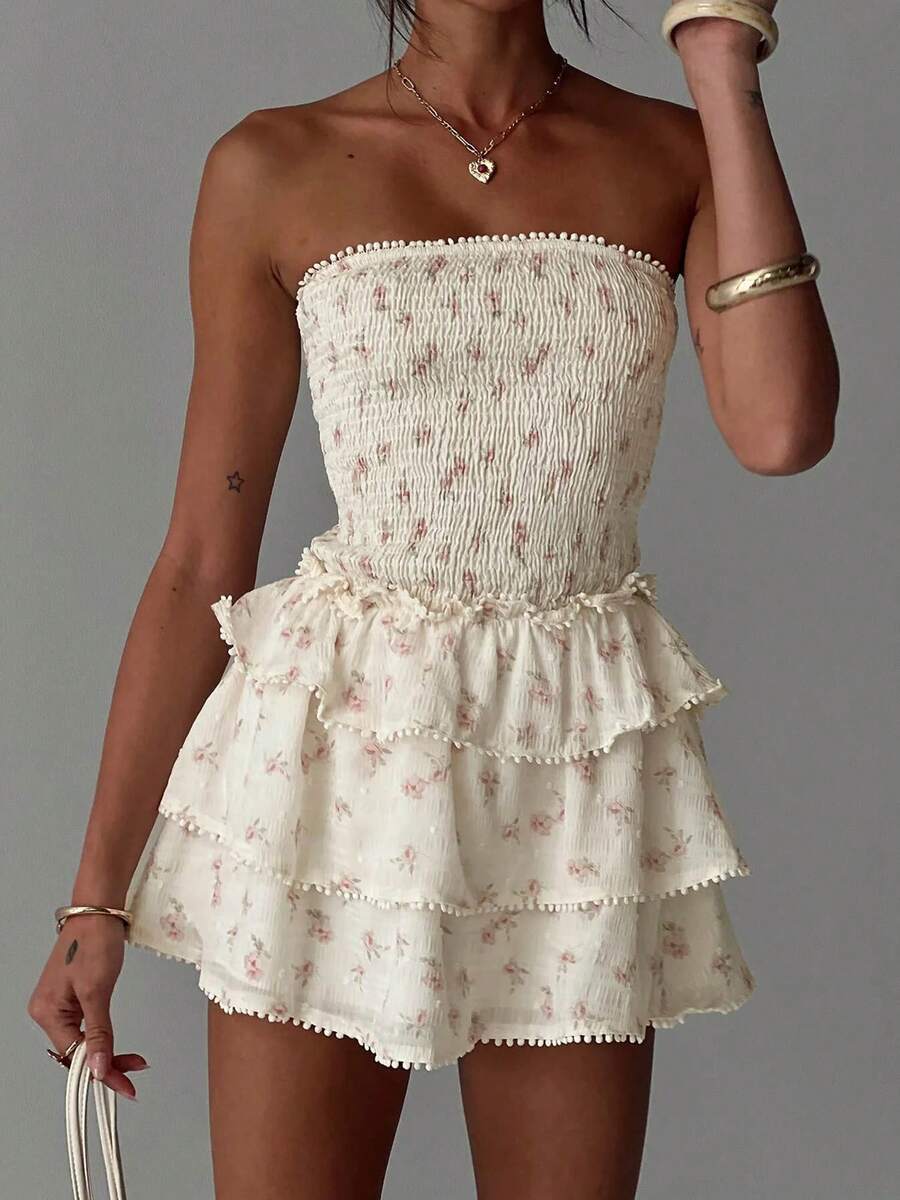 Women's Ditsy Floral Bandeau Mini Dress Shirred Ruffle Tiered A Line Summer Tube Dresses - 彩色 - 查看 1
