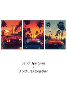 1/3 piezas, marco opcional, pintura de alta calidad, estilo moderno, coche deportivo, ilustración, puesta de sol, vacaciones, árbol de coco, puesta de sol, amantes de los coches, póster de arte de pared, decoración del hogar, adecuado para sala de estar, sofá, dormitorio, pasillo, baño, oficina, regalo de arte perfecto, embalaje de tubería rígida de PVC