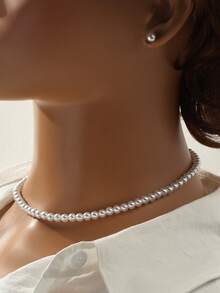 1 Set Pearl Necklace & Earrings Jewelry Set, Vacation Style - White - View 1