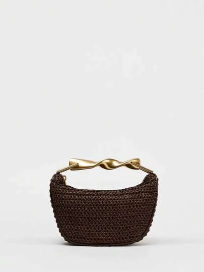 1 Adet Retro Kahve Rengi Plaj Çantası Metal Saplı ve Zincir Askılı, Yaz Tatili İçin Mini Dokuma Çapraz Çanta