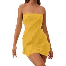 HOCILLE Women's Sexy Strapless Tube Top Bodycon Sleeveless Ruffle Mini Party Dress Backless Comfort Mesh Fabric 2024 Fashion Elegant Dress Summer Solid Color Formal Dresses For Women Short Party Dress - 黃色 - 查看 2