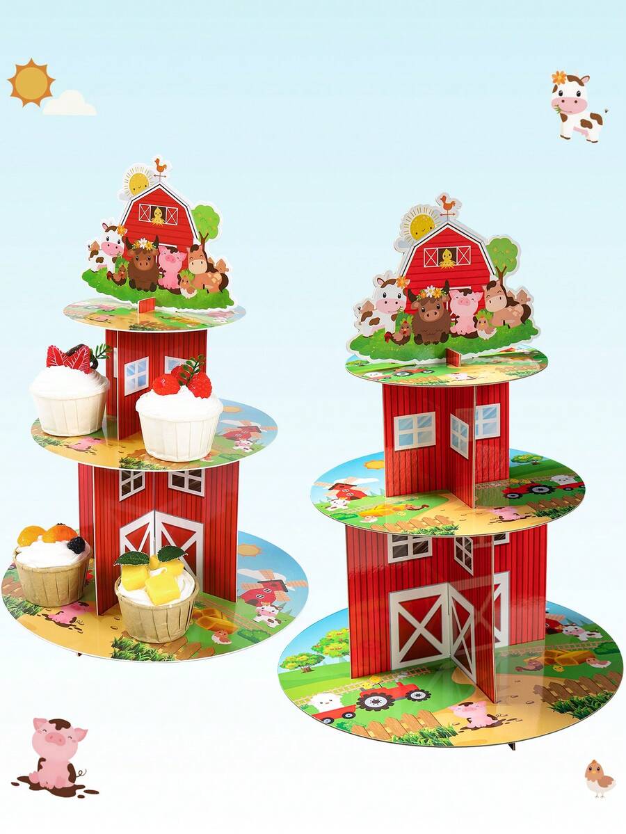 2 Sets Red Farm Animal Style Cupcake Stand, 3-Tier Farm Theme Cake Stand Rack Party Decor DIY Cake Decoration Dessert Rack Birthday Party Holiday Event Cake Decorations, Kitchen Tabletop Decor - Multicolor - View 1