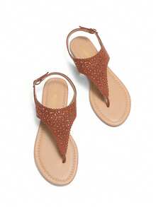 Women's Gladiator Flat Sandals Rhinestone Cutout Design Summer Vacation Beach Dressy Ankle Strap T-Strap Thong Sandals Shoes - màu nâu - Xem 2