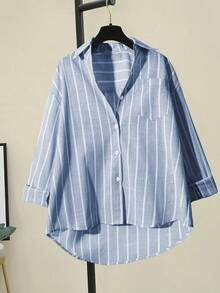 条纹落肩宽松拼布口袋衬衫 - 藍色白條 - 查看 3