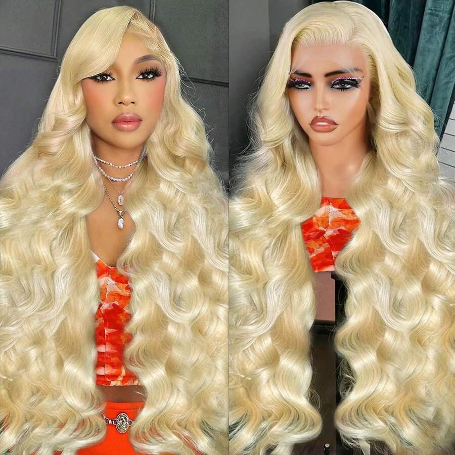 200% Density 13x6 Blonde 613 Body Wave Lace Front Wig Human Hair 40 Inch Natural Color For Women Human Hair Ombre Colored 427 Piano Color - Gold - View 1
