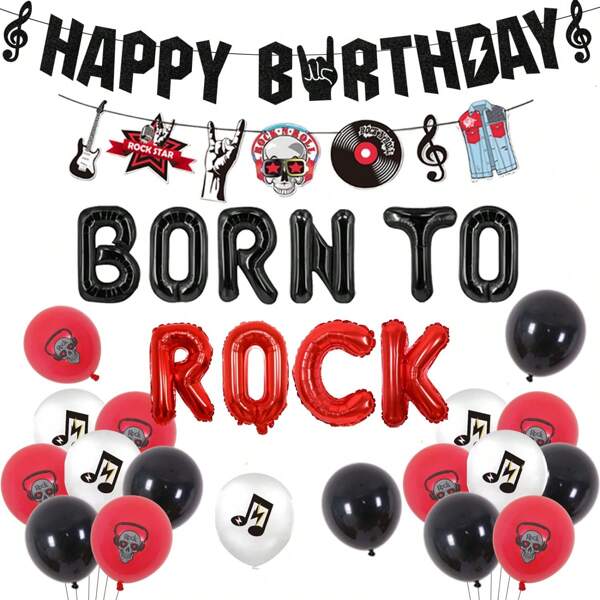 27 piezas Set de decoración para fiesta de cumpleaños de rock and roll "Nacido para rockear" - Globos, bandera de "Feliz cumpleaños", guirnalda, notas musicales, guitarras con globos de aluminio para fiesta temática de estrella de rock
