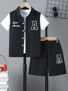 2 Peças/Conjunto Camisa com Estampa de Letras + Conjunto de Shorts, para Verão - Meninos