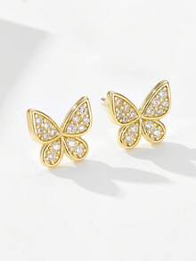 1 Pair S925 Sterling Silver Butterfly Stud Earrings For Women, Minimalist Fashionable Cubic Zirconia Jewelry - Gold - View 3
