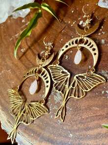 2 件波西米亚时尚铜天然石多色空心蛾、星星、月亮吊坠耳环，适合女性、日常和派对佩戴的礼物 - 彩色 - 查看 6