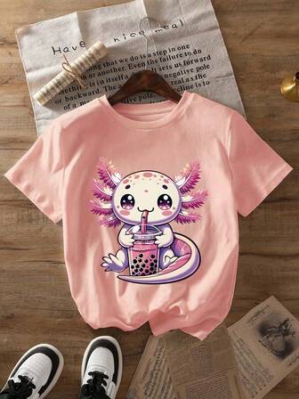 Camiseta de manga corta de cuello redondo con estampado de axolotl de dibujos animados para niñas, camiseta casual de primavera y verano para niños