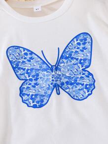 Set casual de 2 piezas de top de manga corta con estampado de mariposas + falda con estampado floral diminuto para niñas jóvenes en verano