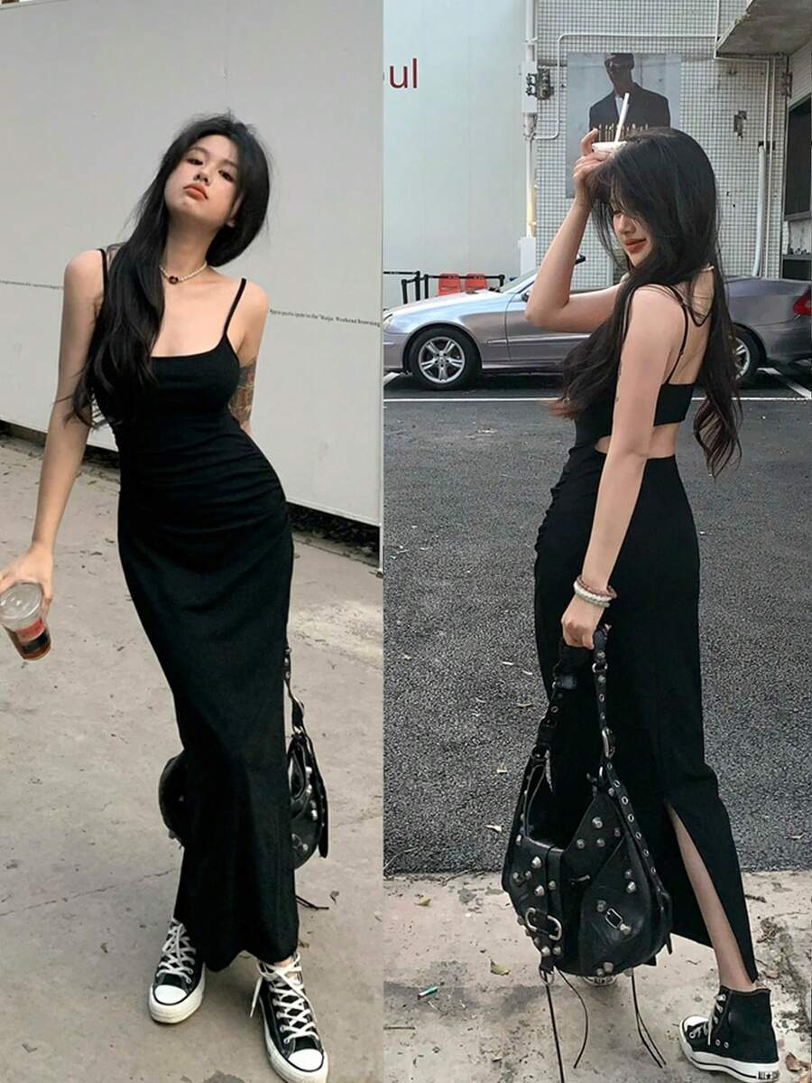 女士性感無背褶皺修身針織連衣裙 - 黑色 - 查看 1