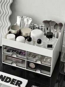 Caja de almacenamiento de cosméticos con 4 cajones, caja de almacenamiento de escritorio adecuada para oficina, habitación, almacenamiento de artículos de papelería, cosméticos, bolígrafos, brochas de maquillaje y productos de cuidado de la piel