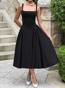 WOWDARK Damen Herbst einfaches einfarbiges Quadratausschnitt A-Linie Slip Kleid