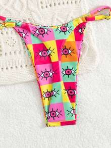 两件套简约格子印花露背系带可调节腰围比基尼泳衣，夏季海滩度假装 - 玫紅色 - 查看 5