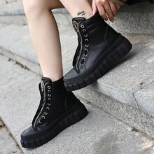 Fall/Winter 2025 Black Solid Color Platform Sneakers With Lace-Up, Silver Zippers, Metal Decor, High-Top, Casual, Fashion, Versatile, All Season, Outdoor, Motorcycle Short Boots, European And American Style - Black - View 4