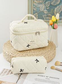 1Pc Bow Embroidered Cosmetic Bag Fashionable Large Capacity Quilted Makeup Bag Sets Travel Cosmetic Bag With Handle Lightweight Fluffy Filling Toiletries Bag For Travel Storage,Daily Use