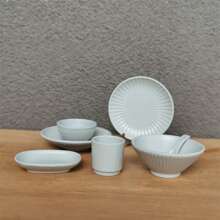 7pcs Mini Striped Tableware, Striped Bowl, Plate And Cup Set, Kitchen Decoration Simulation Play House Toys, Realistic Doll House Accessories