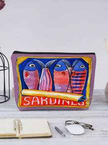 Retro Sardines Cosmetic Pouch,Olive Oil And Lemon Design, Unisex Adult Polyester Mini Makeup Bag, Hypoallergenic Zippered Toiletry Case, Pink Zippered Cosmetic Bag, Multifunctional Snack, Stationery Or Gift, Tin Fish Print Accessory Clutch, Cosmetic Pouch For Girls Women, Makeup Bag, Toiletry Bag For Travel, School, And Commuting,Unisex Adult Portable Storage Bag