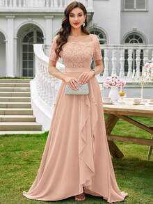 MIUSOL 船领花卉蕾丝撞色雪纺荷叶边下摆晚宴派对婚礼宾客长裙