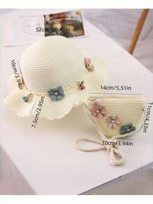 2pcs/Set Girls Summer Lace Trim Sun Hat And Flower Pendant Handbag Set, Suitable For Daily Use