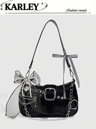Y2K Lace Bow Bag With Unique Star & Moon Design Silver Shoulder Chain Crossbody Bag, Versatile For Streetwear, Party Outfits, Also Suitable As A Gift. Starry Print Black Handbag For Women