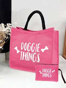 ROMWE Kawaii "DOGGIE THINGS"Letter, Rose Red Bone Pattern Printed Handbag Set, A Gift For Dogs And Pet Lovers, Handbag With Makeup Bag And Mini Coin Wallet, Dog's Favorite Bone Pattern Design, This Is A Great Gift, Suitable For Mothers, Teachers, Best Teacher Gift - Hot Pink - View 7