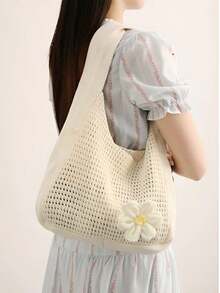 One Shoulder Woven Bag, New Vacation Casual Beach Bag, Crochet Woven Tote Handbag, Back To School Student Project Bag , Beach Bag - Multicolor - View 3