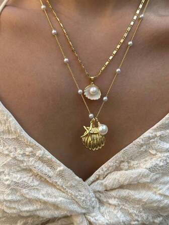 2pcs/Set Beachy Metal Starfish, Pearl & Shell Necklace Jewelry Set, Resort Style