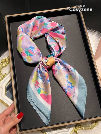 1pc Women Bandana Printed Silk-Like Bandana, Versatile Neck Scarf Hair Accessory, Essential For Spring/Summer For Dress