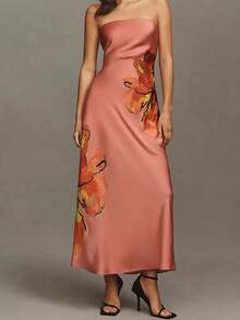 Women Floral Formal Strapless Column Satin Maxi Dress Backless Maxi Long Dresses Y2K Sleeveless Bodycon Tube Summer Sundress - 西瓜粉 - 查看 1