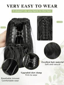 马尾辫接发，22英寸长波浪卷发爪夹马尾辫接发，天然合成纤维假发，适合女性日常佩戴（黑色） - 黑色 - 查看 2