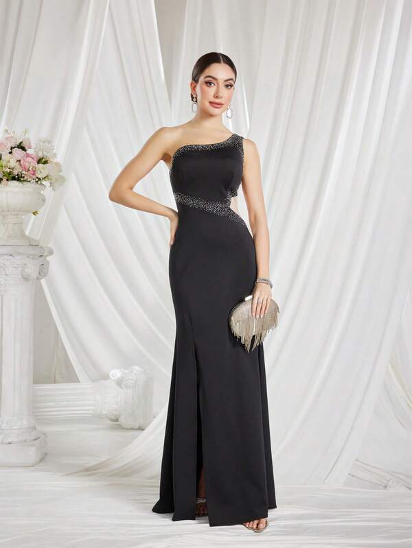 1 pezzo Abito formale elegante con cerniera, monocromatico con decorazioni in strass, vestibilità slim, adatto per feste