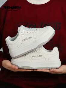 1 par de zapatos cómodos con suela gruesa para mujer de Renben, con cordones frontales de tela blanca, suelas grises, de moda y versátiles, ligeros, que aumentan la altura, zapatillas deportivas casuales de caña baja para exteriores, adecuados para faldas, pantalones, ir y venir, zapatos populares para mujeres en 2025