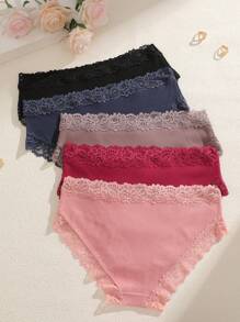 Set de 5 bragas de ropa interior femenina con encaje y diseño minimalista, de bajo corte, respirables y cómodas con estilo romántico francés