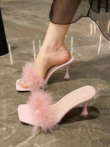 Women's Fluffy Feather Stiletto Heel Open Toe Sandals, Spring/Summer New Arrivals - Pink - View 1