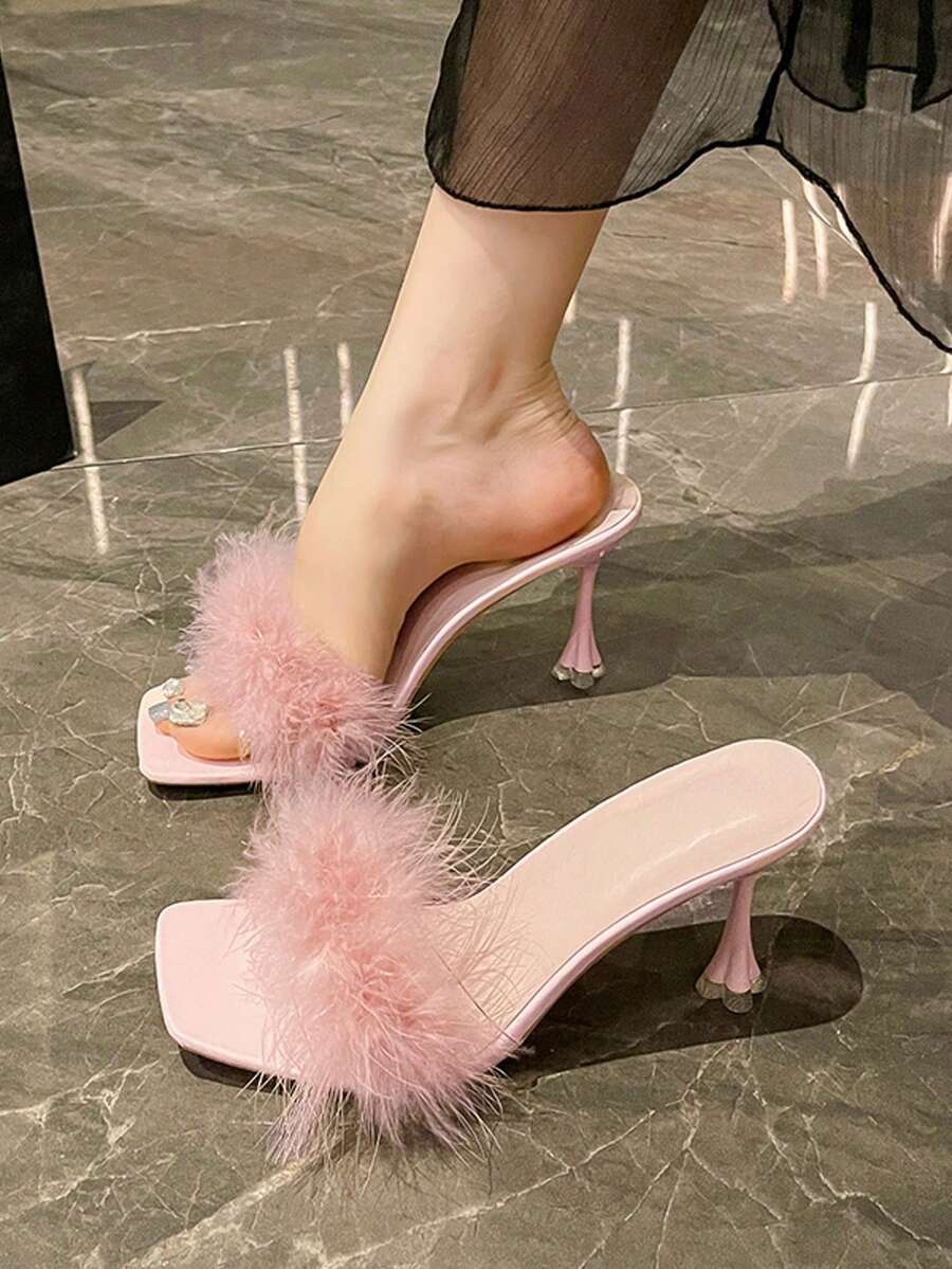 Women's Fluffy Feather Stiletto Heel Open Toe Sandals, Spring/Summer New Arrivals - Pink - View 1