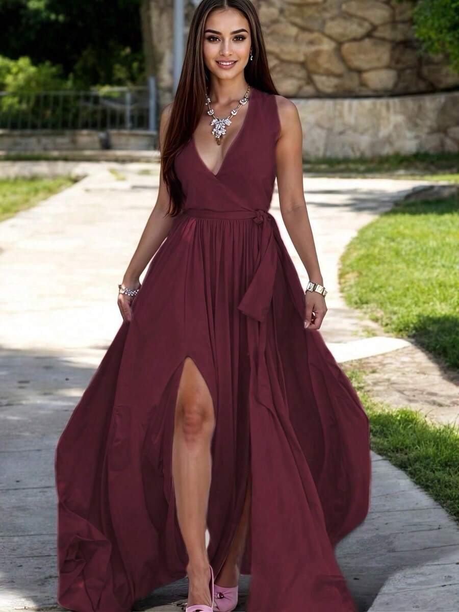 Vestido Largo Elegante Escote en V con Abertura en Pierna y Cinturón Ajustable para Mujer - Rojo violeta - Ver 1
