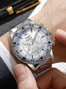 3 pièces Lot de montres à quartz pour hommes avec bracelet en acier inoxydable argent, style sobre et d'affaires. Peut être offert comme un cadeau important pour les fêtes, et être porté au quotidien.