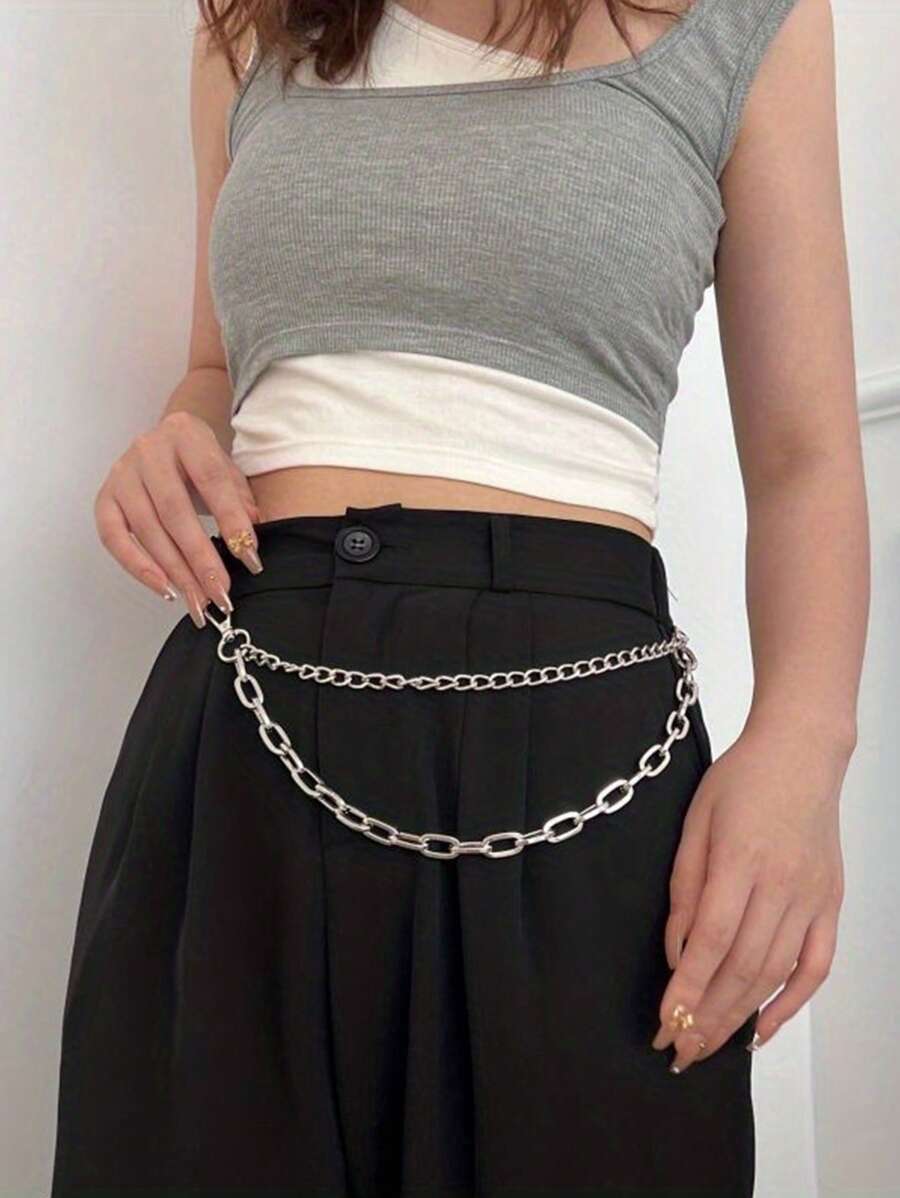1pc Minimalistic Metal Chain Double Layer Waist Chain, Punk Street Style Belt Chain Suitable For Daily Outfit