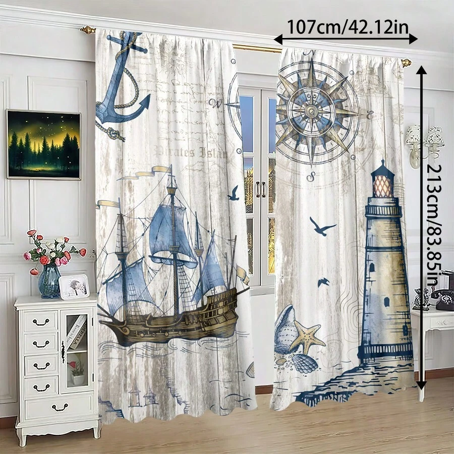 两件套航海系列锚灯塔指南针印花家纺窗帘，杆口袋设计，方便悬挂，保护隐私，适用于卧室、客厅、厨房、书房、餐厅、游戏室、家居装饰必备窗帘客厅窗帘房间装饰家居装饰客厅厨房装饰客厅装饰房间装饰窗帘卧室